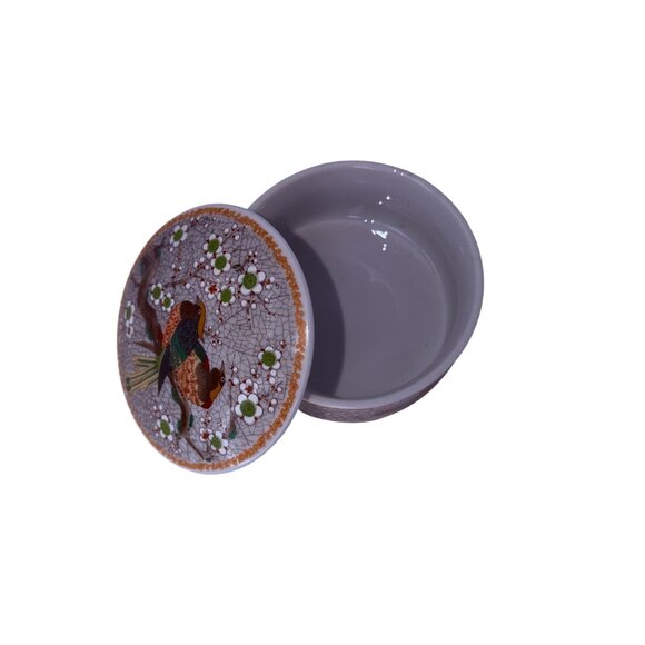 Vtg Japanese Porcelain Trinket Box with Birds & Blossoms Hand Painted Round Dish - Picture 7 of 8